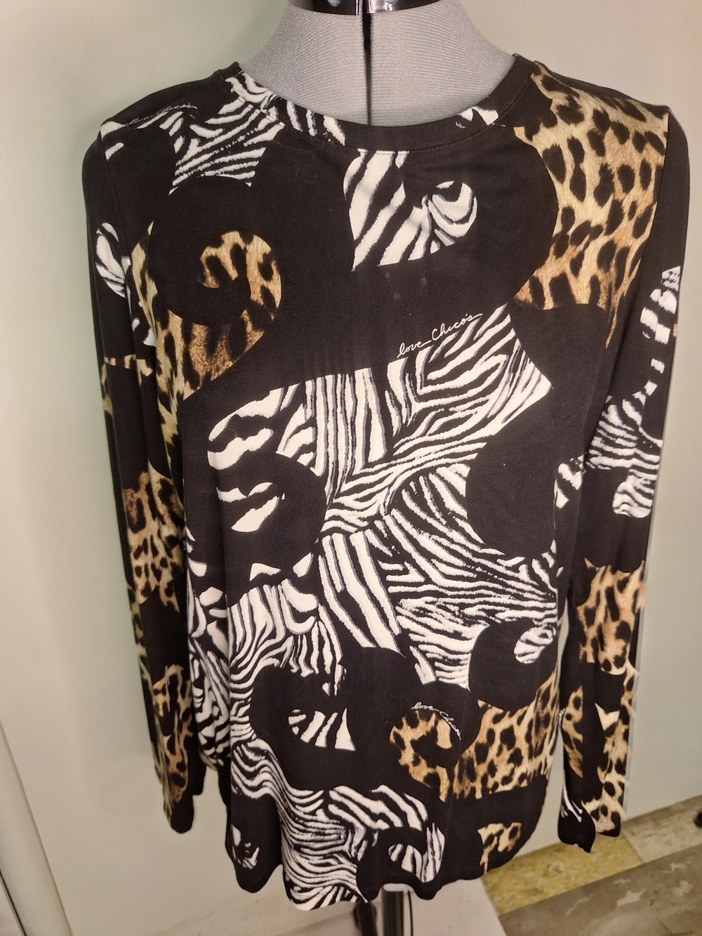 Chico's Black White and Tan Mixed Animal Print Tunic Size Med